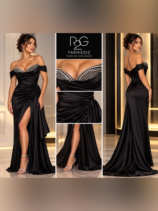 Tarik Ediz Dresses & Skirts - Tarik Ediz - Turkish designer - Formal Black Off-Shoulder Maxi Dress Gown